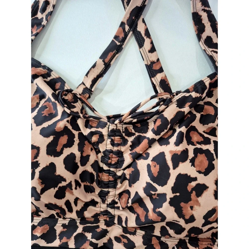 Daci‎ Leopard Print Asymmetrical Swim Dress Top Black Tan Animal Print 24W
